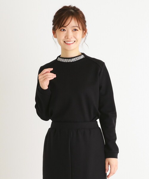 tシャツ 「セットアップ可／ビジュー付き／ウール混ポンチ」プルオーバー レディース