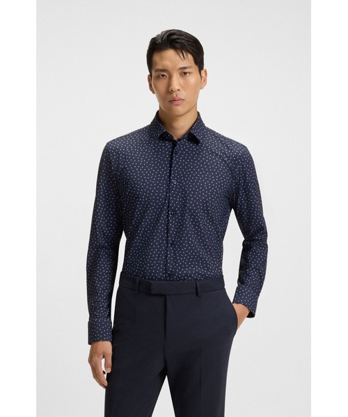 新品✨【HUGO BOSS】ストレッチシャツ SLIM FIT ネイビー 44 BOSS（HUGO BOSS） シャツ スリムフィットシャツ プリント