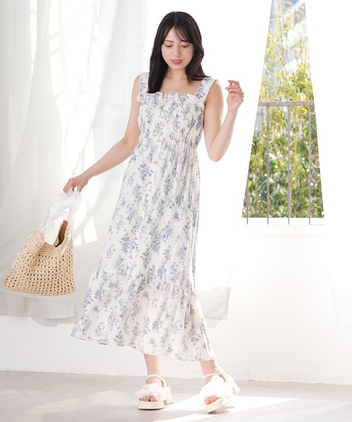 ASTORIA ODIER ワンピース リボンボタンシャーリング花柄