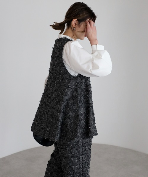 【中古】プラスオトハ PLUS OTO.HA. リボンフリンジベスト Vネック ショート丈 黒 ブラック 603717 /HN レディース Bonjour Sagan（ボンジュールサガン） ベスト ジレ ブロックフリンジV