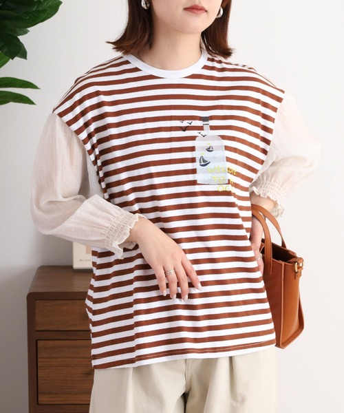 tシャツ EMAGO ボトル刺繍袖ギャザーＴシャツ レディース
