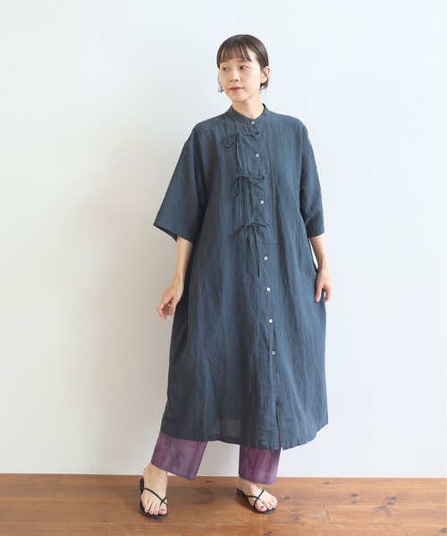 慈雨ネイビー ボタン付きシャツワンピース yuni シャツワンピース 強撚CottonLine近江晒 ribbonシャツワンピース