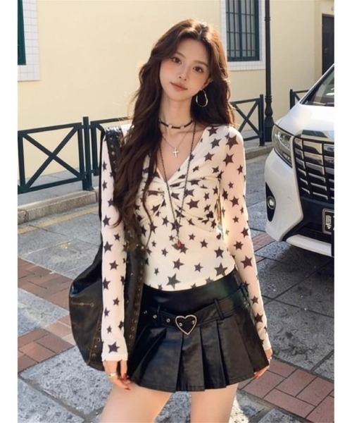 tシャツ 星柄シアー V ネックロングスリーブトップス レディース