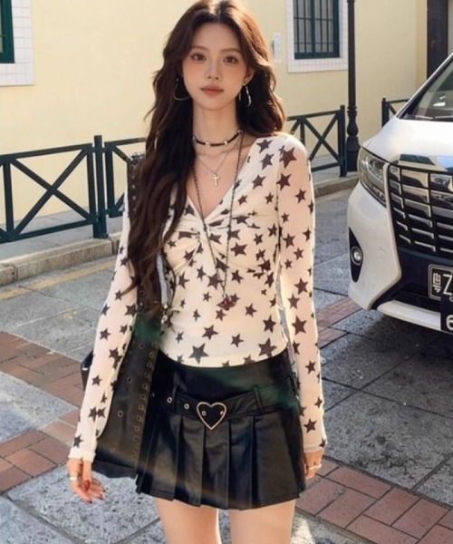 DECEMBERMAY モックネックシャツ 星柄 tシャツ 星柄シアー V ネックロングスリーブトップス レディース
