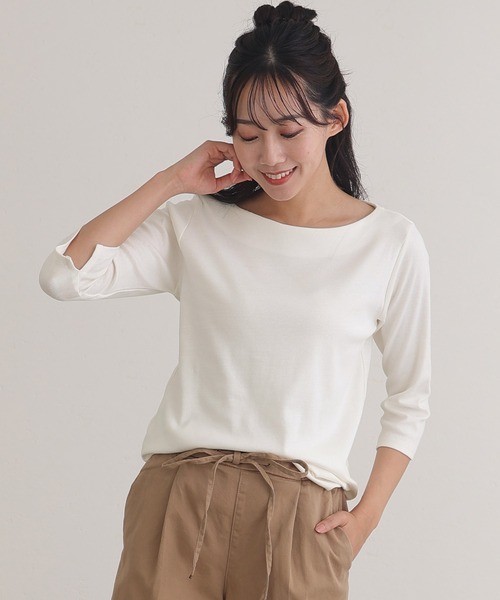 LDKWARE HOBONICHI アイボリー ボートネックTシャツ ElegChic tシャツ ボートネック七分袖プルオーバー レディース