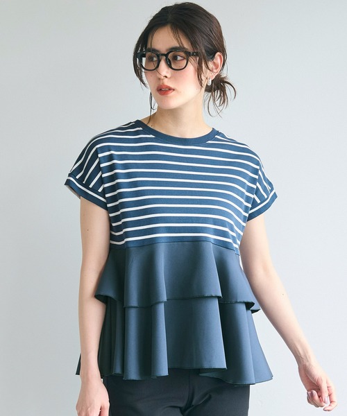 フリル異素材切替トップス レディース coca tシャツ 異素材切り替え2段フリルTシャツ レディース