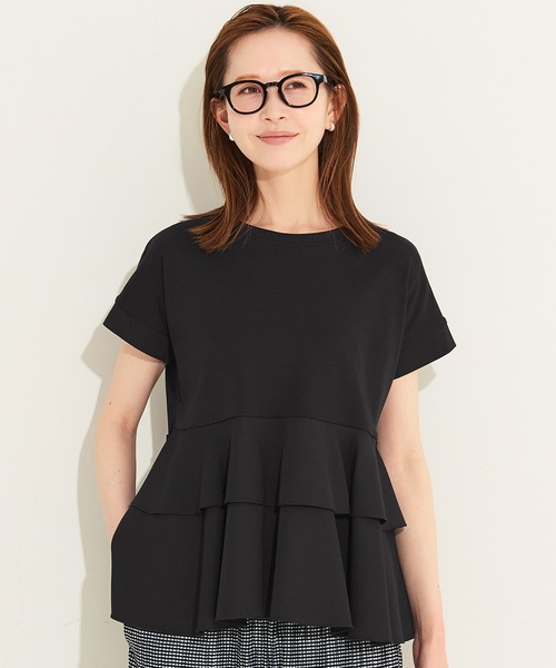 YOKO CHAN 異素材切替 フリル 半袖カットソー ブラック coca（コカ） tシャツ 半袖 ＼26ss新色追加／ 異素材切り替え2段フリル