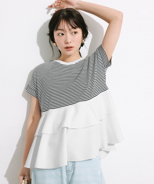 coca（コカ） tシャツ 半袖 ＼26ss新色追加／ 異素材切り替え2段フリル