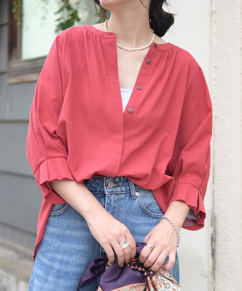 ＆HALF tシャツ バックギャザーコットンブラウス レディース