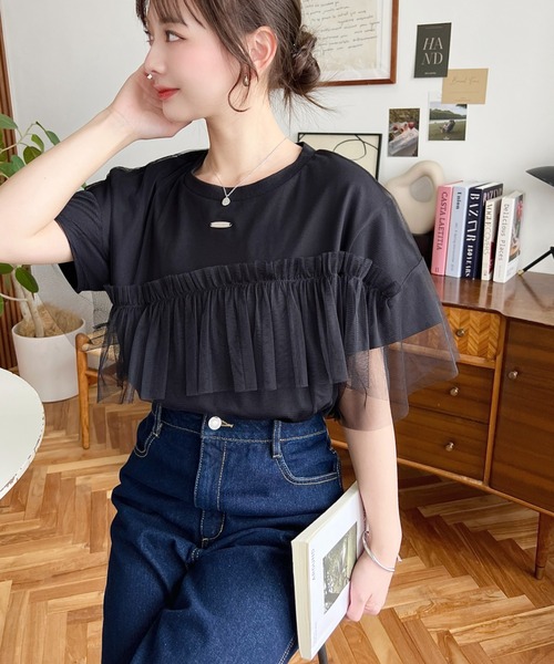 Frill Doll半袖カットソー　黒 Womens Waffle Knit Thermal Trapeze Mini Dress Current Mood - Black