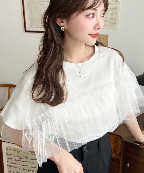 moment+ tシャツ プレート付きチュールレイヤードフリル半袖カットソー 