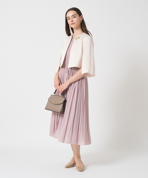 ANAYI 2.5万円 フレアスリーブ ボレロ 日本製 ノーカラー ネイビー ANAYI（アナイ） ジャケット ノーカラージャケット トリアセサテン