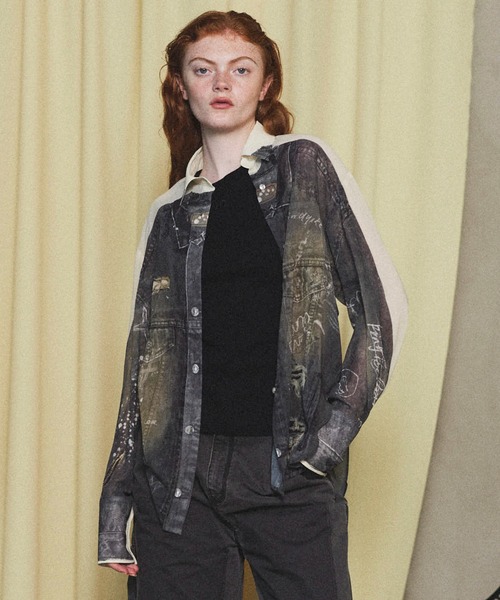ブラウス シャツ Denim Print Shirt/デニムプリントシャツ「MAISON SPECIAL/メゾンスペシャル」セットアップ対応 レデ