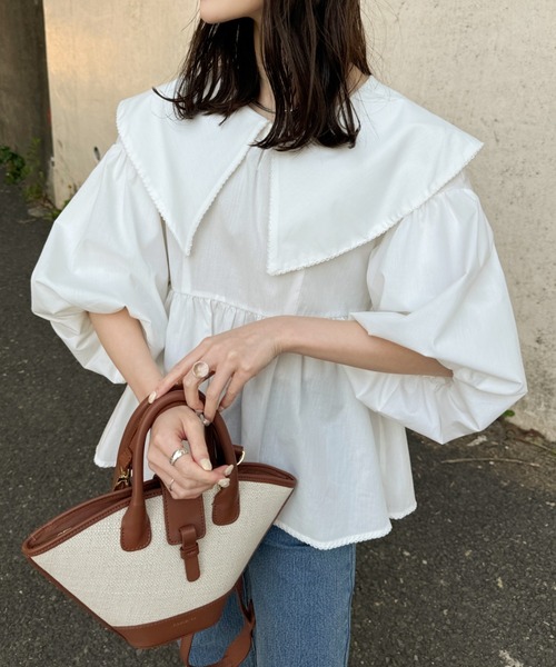 hinari ブラウス シャツ ビッグカラーペプラムブラウス