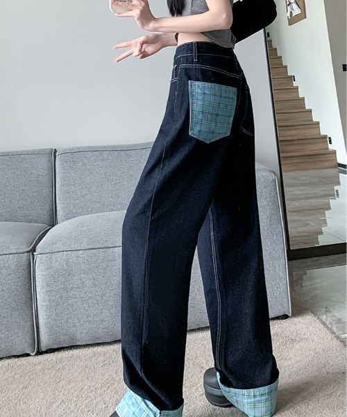 ワイドパンツ ジーンズ デニム デニムパンツ 裾裏 チェック柄