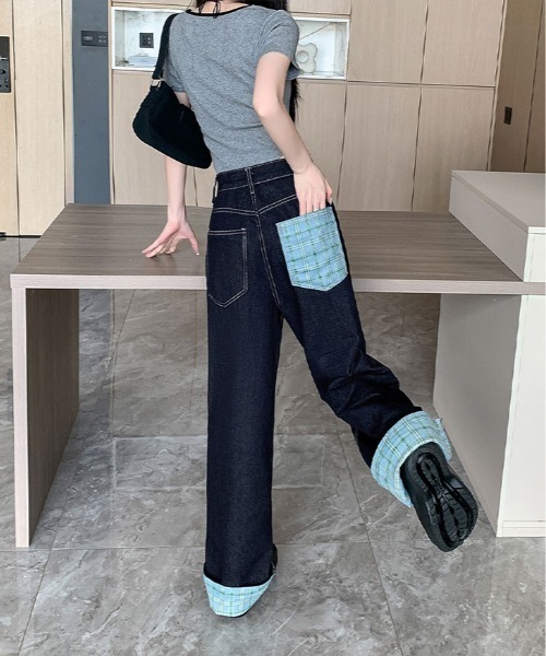 ワイドパンツ ジーンズ デニム デニムパンツ 裾裏 チェック柄