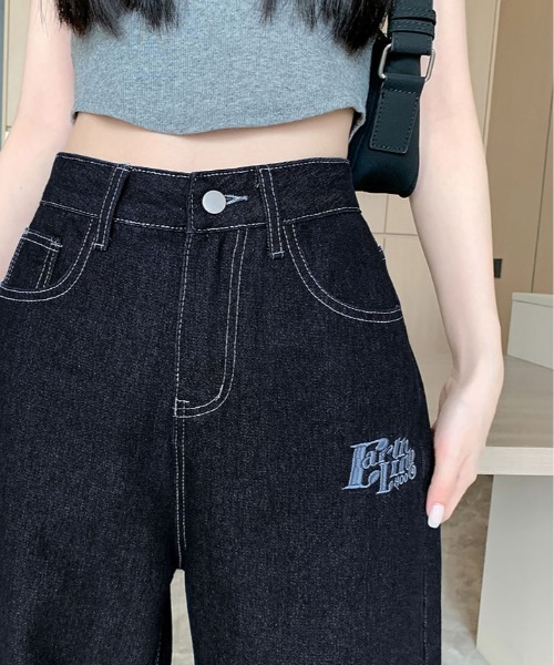 ワイドパンツ ジーンズ デニム デニムパンツ 裾裏 チェック柄