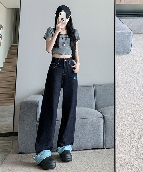 ワイドパンツ ジーンズ デニム デニムパンツ 裾裏 チェック柄