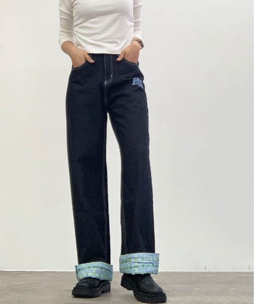 ワイドパンツ ジーンズ デニム デニムパンツ 裾裏 チェック柄