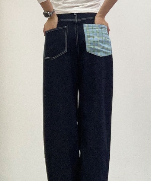 ワイドパンツ ジーンズ デニム デニムパンツ 裾裏 チェック柄