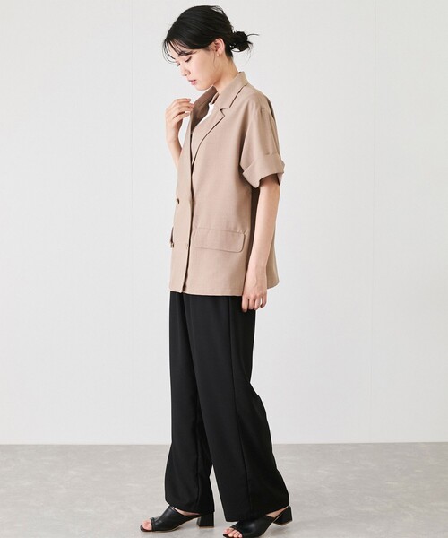 ダークブラウン テーラードジャケット 半袖 セール】drape tailored collar Shirt/ドレープ テーラード