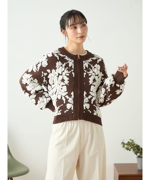 レディースvintage 花柄ボリュームスリーブジャンパー　ノーカラージャケット ブルゾン アウター 「WEB限定」フラワーモールノーカラーブルゾン