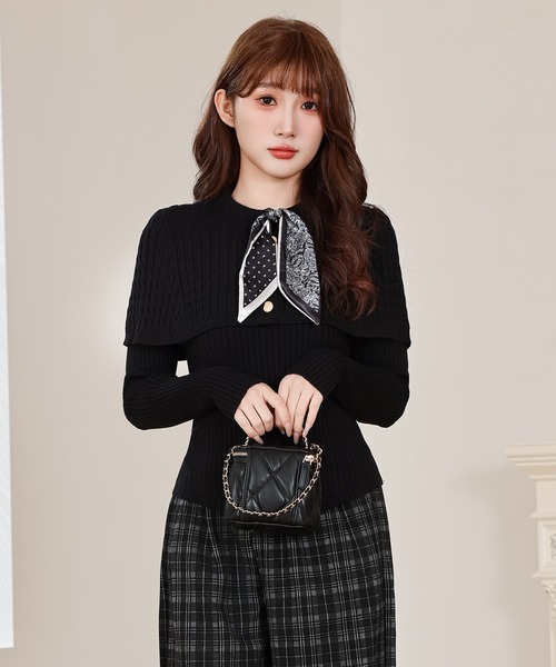 Anely ニット セーター ケーブル編み ケープ スカーフ付き ニット