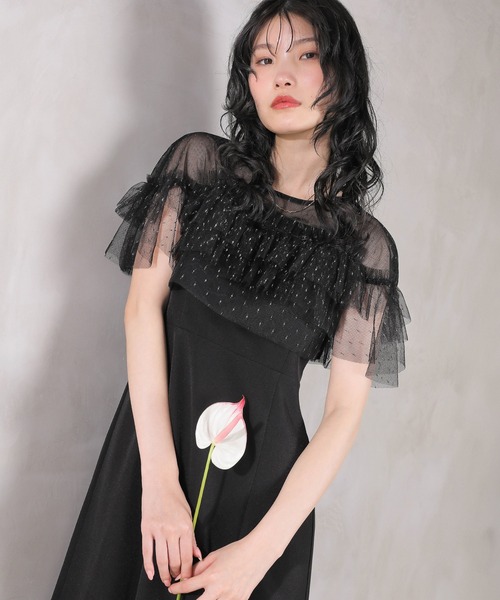 miss asida　ブラックレースパーティードレス Kana パーティードレス ドレス グロッシーフリルショートボレロ フレア