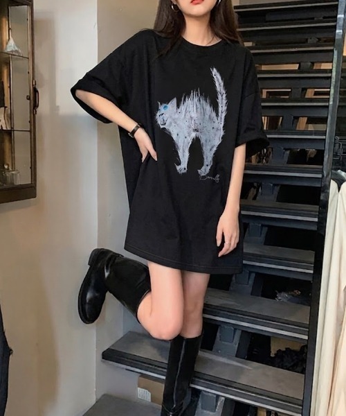 lilful tシャツ キャットプリントグラフィックTシャツ メンズ