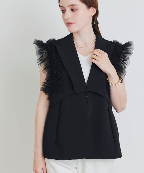 新品★PICIN PERLA チュールジレ M ブラック PICCIN PERLA ベスト ジレ チュールフリルスリーブ2WAYジレ レディース