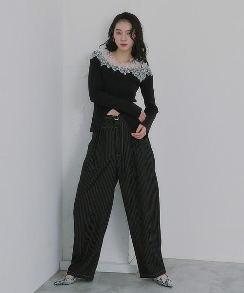 Ezick ワイドパンツ パンツ Double waist ベルテッドタックパンツ
