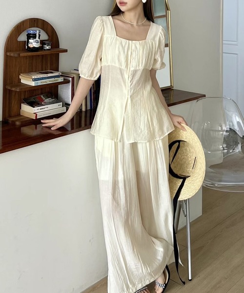 華やぎシアーシャツセット レディース服まとめ売り コーデ売り 綺麗め 大人 セットアップ 楊柳シアーシャツ＋パンツ セットアップ