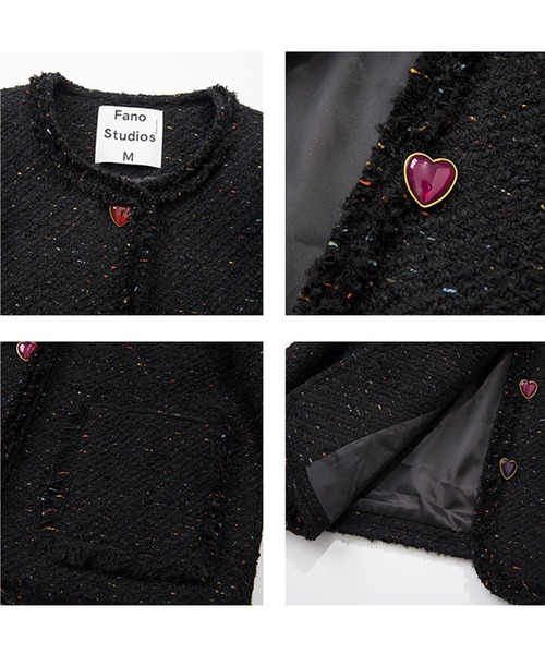 ジャケット ノーカラージャケット ハートボタン ノーカラーツイード