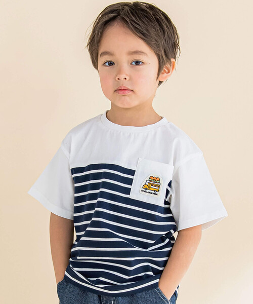 Noeil aime BeBe tシャツ ボーダー切り替えキッチンカーポケット