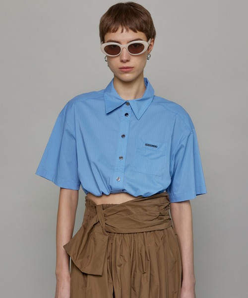 シャツ ブラウス Stripe Drawstring Short Length Shirt/ストライプ 