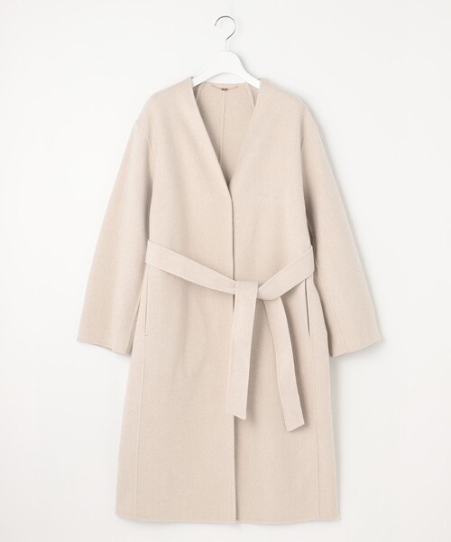 自由区 ノーカラーウールリバーコート 38 イタリア生地 ベルト付 自由区（ジユウク） ノーカラーコート コート ウールリバーノーカラー