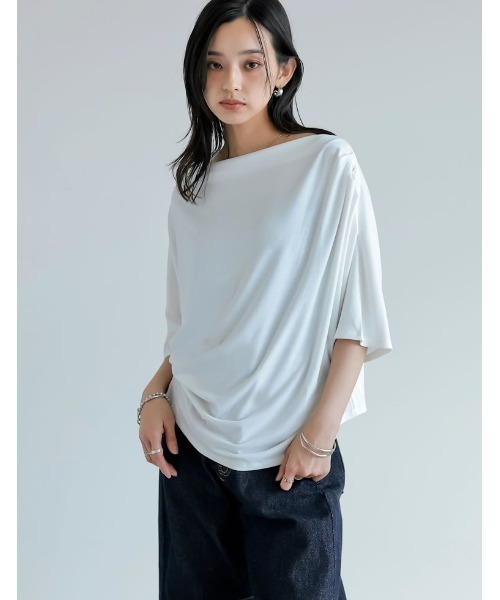 Re:EDIT tシャツ 2WAYカットワンショルドレープトップス