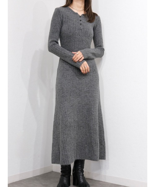 Reurie' ワンピース フロントボタンリブニットワンピース／front