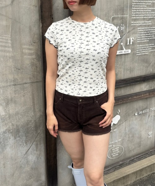 tシャツ フラワープリント ショートスリーブ リブTシャツ