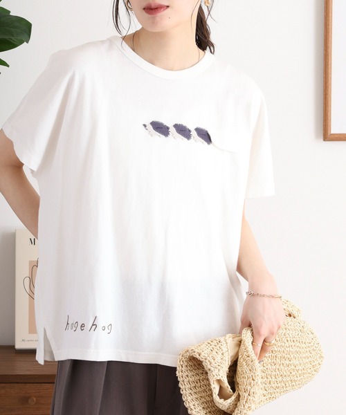 tシャツ EMAGO ハリネズミかぎ編みロゴ刺繍ドルマンＴシャツ レディース
