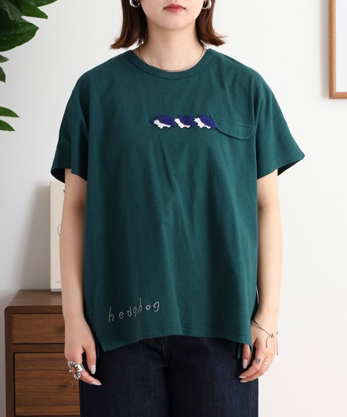 tシャツ EMAGO ハリネズミかぎ編みロゴ刺繍ドルマンＴシャツ レディース Emago tシャツ EMAGO ハリネズミかぎ編みロゴ刺繍ドルマンT