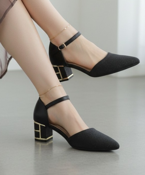 jurer パンプス キラキラグリッターチャンキーヒールセパレート