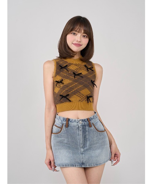 Darich リボンシャギーチェックニットトップス BRN Darich（ダーリッチ） ニット セーター リボンシャギーチェックニット