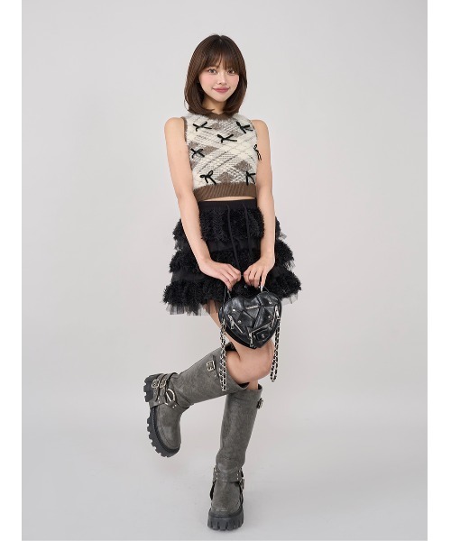 Darich リボンシャギーチェックニットトップス BRN Darich（ダーリッチ） ニット セーター リボンシャギーチェックニット