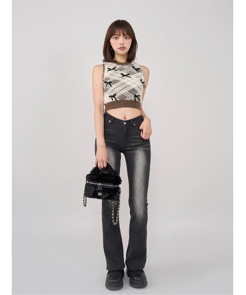 Darich リボンシャギーチェックニットトップス BRN Darich（ダーリッチ） ニット セーター リボンシャギーチェックニット