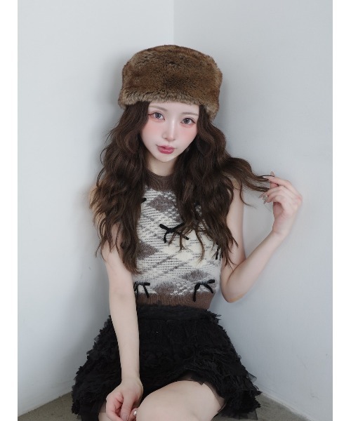 Darich リボンシャギーチェックニットトップス BRN Darich（ダーリッチ） ニット セーター リボンシャギーチェックニット