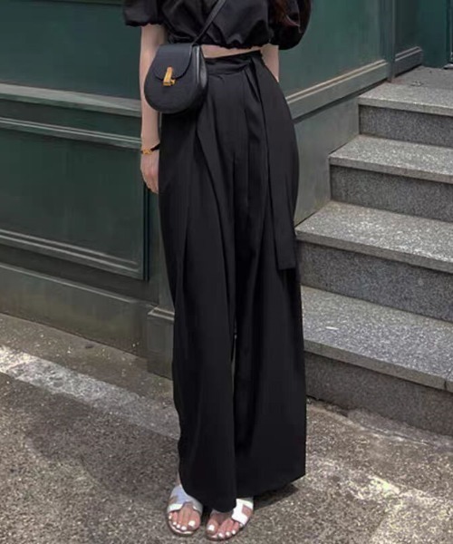 ワイドパンツ スラックス パンツ ウエストリボンデザイン タックワイド