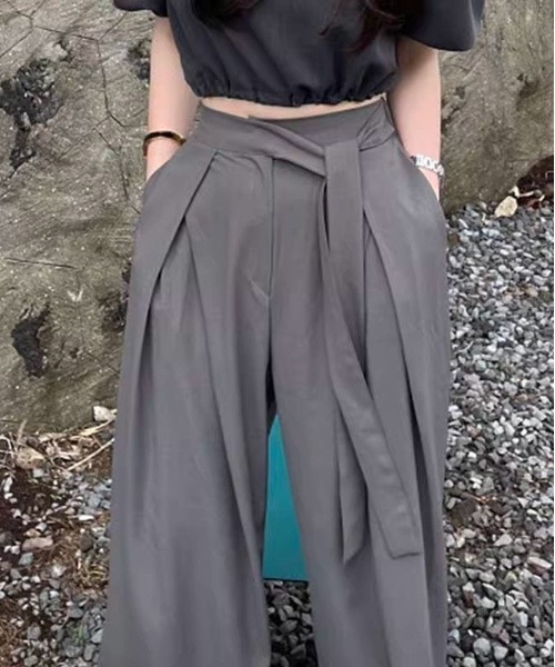 ワイドパンツ スラックス パンツ ウエストリボンデザイン タックワイド