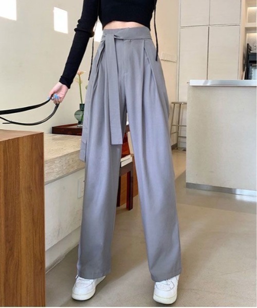 ワイドパンツ スラックス パンツ ウエストリボンデザイン タックワイド