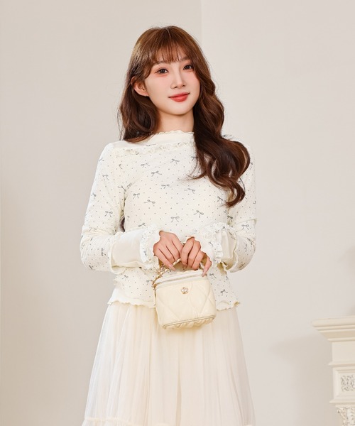 bubbles フリルリボントップス ホワイト Anely tシャツ リボン プリント フリル レイヤード トップス
